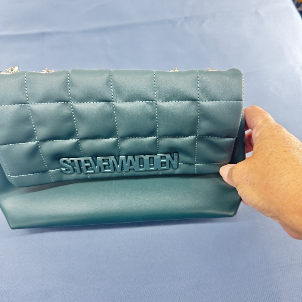 Steve Madden Quilted Bgali Chain Shoulder Bag Purse Emerald Green 11 Inch - Picture 6 of 9